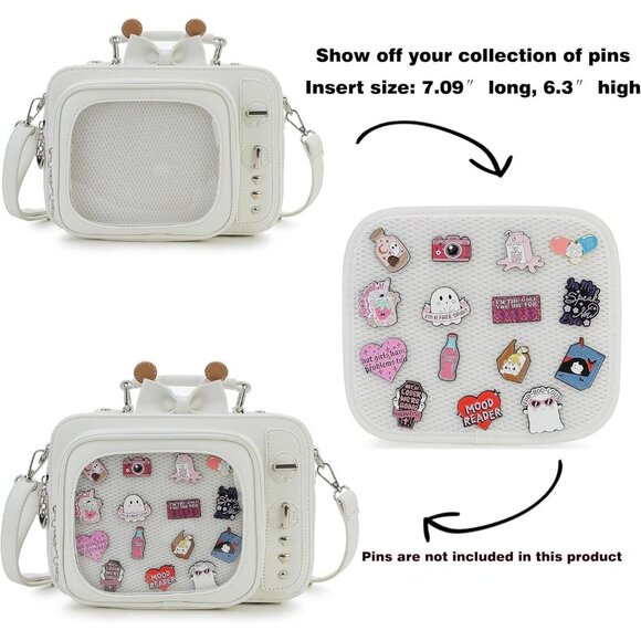 Retro TV Shaped Ita Backpack with Pin Display and Inserts White Crossbody Purse - Picture 4 of 9